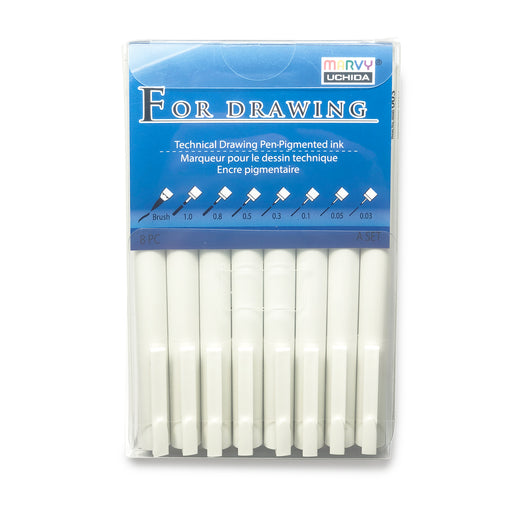 Set of 8 Marvy For Drawing Fineliner Pens including 0.03, 0.05, 0.1, 0.3, 0.5, 0.8 and 1.0mm sizes and a Black For Drawing Brush Pen 