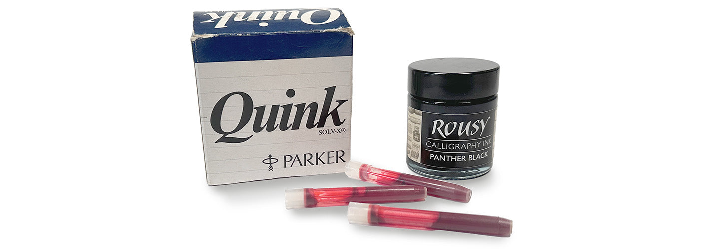 Parker Quink fountain pen ink and cartridges alongside Rousy Calligraphy Ink for dip pens