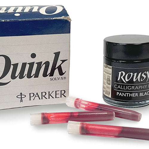 Parker Quink fountain pen ink and cartridges alongside Rousy Calligraphy Ink for dip pens