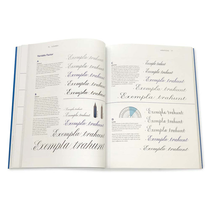 Pages 76 and 77 of the Front Cover of the Flourish – An introduction to Historical Copperplate and Modern Calligraphy Book 