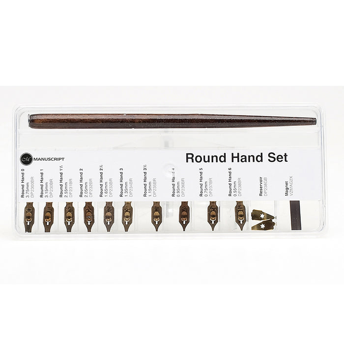 Leonardt Round Hand Set consists of 10 square cut nibs sizes 0,1, 1.5, 2, 2.5, 3, 3.5, 4, 5 and 6 a Calligraphy Pen Holder and 2 round hand reservoirs
