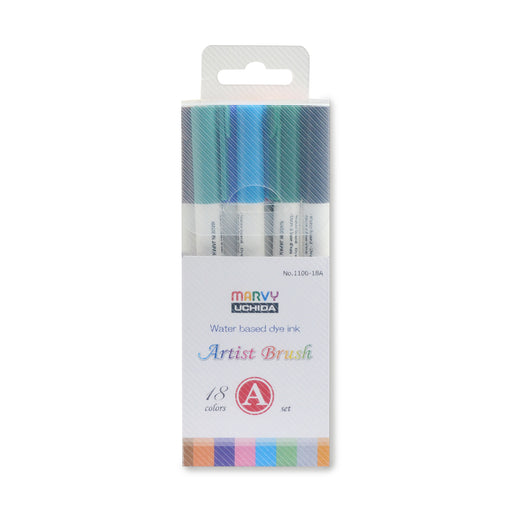 18 Colours A Set of Marvy Artist Brush Pens 1100 containing Black, Red, Blue, Green, Yellow, Brown, Orange, Violet, Pink, Light Blue, Light Green, Grey, Ochre, Turquoise, Olive Green, Pale Orange, Steel Blue and Dark Brown.