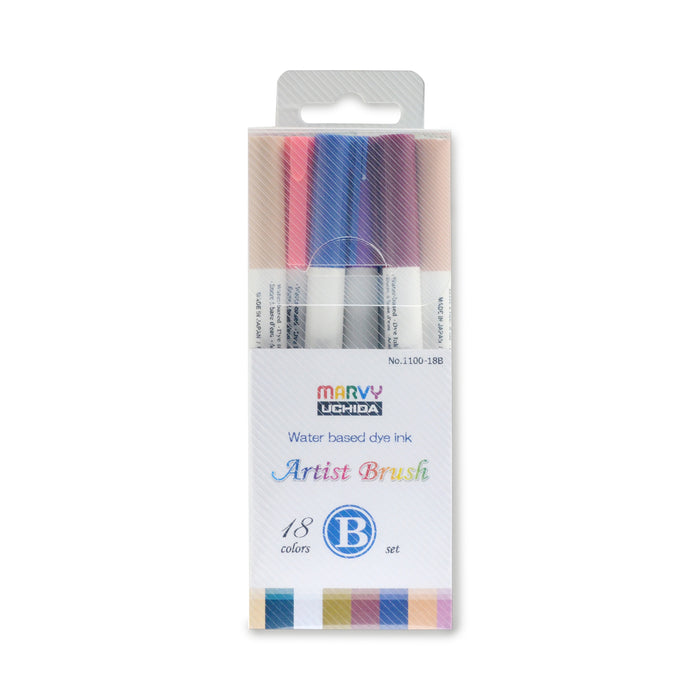 18 Colours B Set of Marvy Artist Brush Pens 1100 containing Carmine, Magenta, Dark Grey, Lemon Yellow, Gold Ochre, Beige, Bottle Green, Silver Grey, Olive Brown, English Red, Prussian Blue, Rosewood, Pale Violet, Laurel Green, Oriental Blue, Pale Green, Coral Pink and Manganese Blue.
