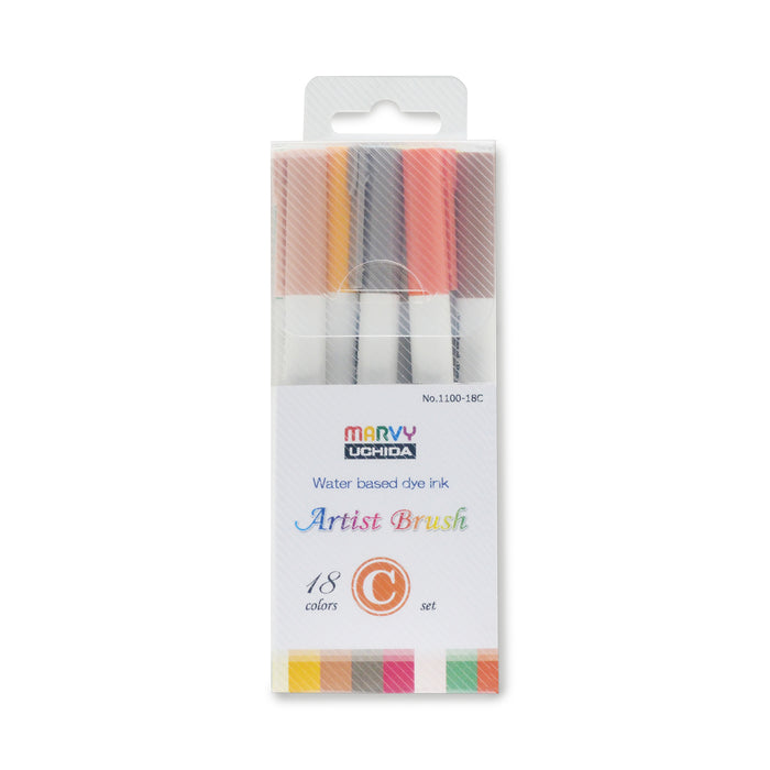 18 Colours C Set of Marvy Artist Brush Pens 1100 containing Light Cool Grey, Oyster Grey, Ash Grey, Brownish Grey, Blue Grey, Cream Yellow, Brilliant Yellow Light Brown, Sepia, Crimson Lake, Pale Pink, Leaf Green, Vermilion, Ultramarine, Aqua Grey, Yellow Green, Pale Blue and Burnt Umber.