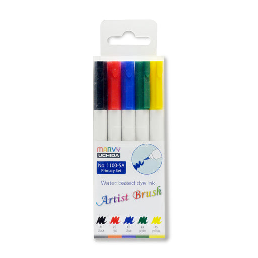 Primary Colour Set of Marvy Artist Brush Pens 1100 containing Black, Red, Blue, Green and Yellow