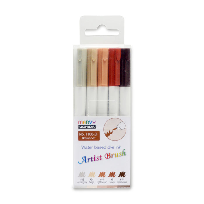 Set of 5 Brown Marvy Artist Brush Pens 1100 continaing Oyster Grey, Beige, Light Brown, Brown and Dark Brown
