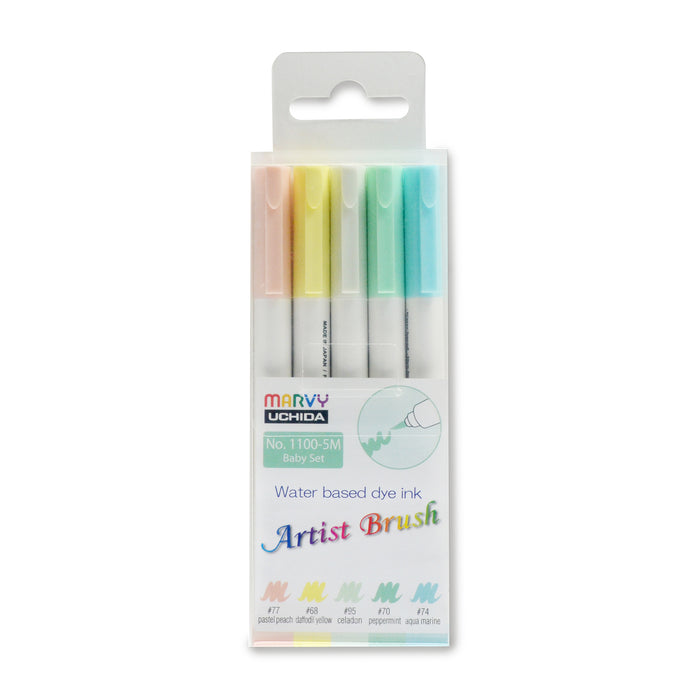 Set of 5 Baby Marvy Artist Brush Pens 1100 containing Pastel Peach, Daffodil Yellow, Celadon, Peppermint and Aqua Marine