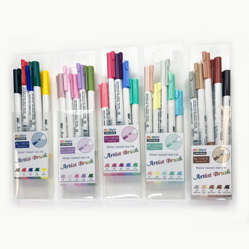 Marvy Artist Brush Bundle Containing 25 colours; Pastel Peach, Daffodil Yellow, Celadon, Peppermint, Aqua Marine, Pale Mauve, Blush Pink, Bubblegum Pink, Wisteria, Jungle Green, Rose Pink, Rosemarie, Magenta, Salvia Blue, Pale Green, Black, Red, Blue, Green, Yellow, Oyster Grey, Beige, Light Brown, Brown and Dark Brown.