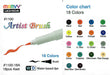 Colour Chart for the 18 Colours A Set of Marvy Artist Brush Pens 1100 containing Black, Red, Blue, Green, Yellow, Brown, Orange, Violet, Pink, Light Blue, Light Green, Grey, Ochre, Turquoise, Olive Green, Pale Orange, Steel Blue and Dark Brown.