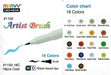 Colour Chart for the 18 Colours C Set of Marvy Artist Brush Pens 1100 containing Light Cool Grey, Oyster Grey, Ash Grey, Brownish Grey, Blue Grey, Cream Yellow, Brilliant Yellow Light Brown, Sepia, Crimson Lake, Pale Pink, Leaf Green, Vermilion, Ultramarine, Aqua Grey, Yellow Green, Pale Blue and Burnt Umber.