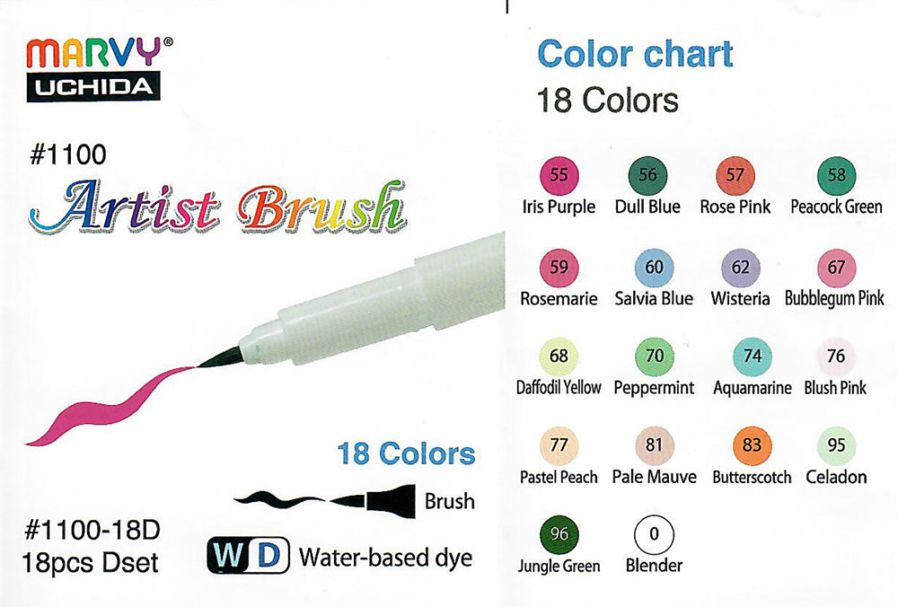 Colour Chart of the 18 Colours D Set of Marvy Artist Brush Pens 1100 containing Iris Purple, Dull Blue, Rose Pink, Peacock Green, Rosemarie, Salvia Blue, Wisteria, Bubblegum Pink, Daffodil Yellow, Peppermint, Aquamarine, Blush Pink, Pastel Peach, Pale Mauve, Butterscotch, Celadon, Jungle Green and Blender