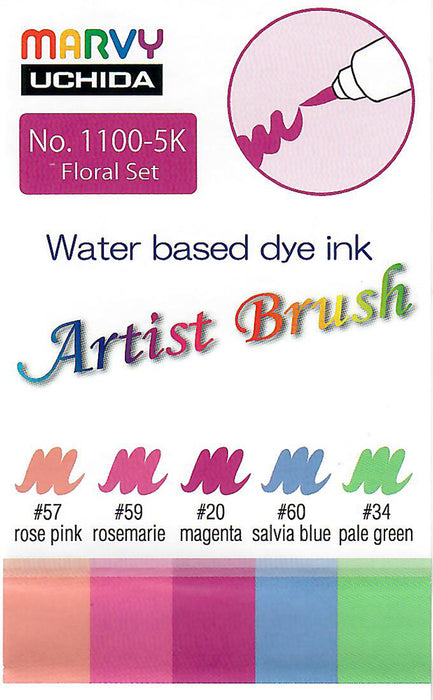 Label of Floral Colour Set of Marvy Artist Brush Pens 1100 containing Rose Pink, Rosemarie, Magenta, Salvia Blue and Pale Green