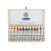 Presented in a wooden box, this set consists of 13 colours in 20ml size tubes;  Opaque White  Lemon Yellow  Cadmium Yellow Hue Light  Vermilion Red  Madder Red  Ultramarine Deep Blue  Paris Blue  Chromium Oxide Green  Burnt Sienna  Jet Black  Silver  Gold Pearl