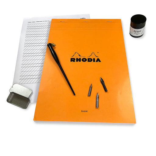 Scribblers Modern Calligraphy Beginners Set (Right Handed) including Rhodia Plain Pad Rousy Iron Gall Ink Plastic Oblique Holder with Metal Flange Nikko G, Brause 361 and Hunt 101 Nibs Nib Tin 2 x Guideline Sheets