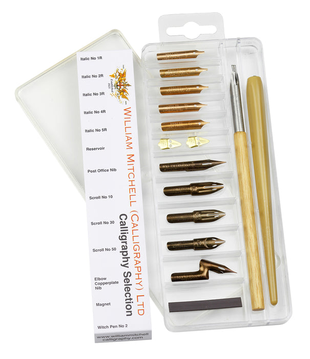 William Mitchell Calligraphy Selection Set includes Witch Pen No. 2, multi-purpose holder and 10 William Mitchell nibs: Italic nibs sizes 1R, 2R, 3R, 4R, 5R. Scroll nibs sizes 10, 30, 50 Post Office nib Elbow Copperplate nib Slippon Reservoir.